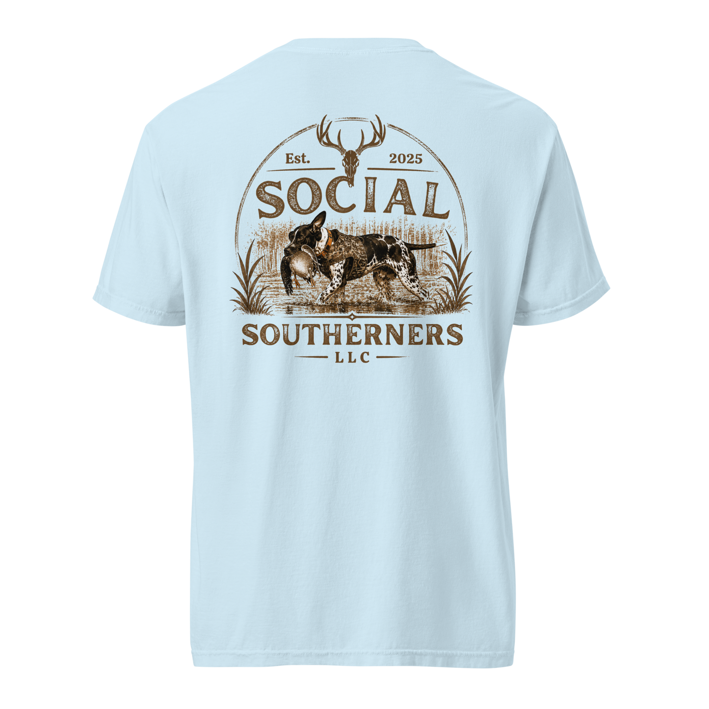 White t-shirt with a graphic design featuring text and a dog illustration on a white background