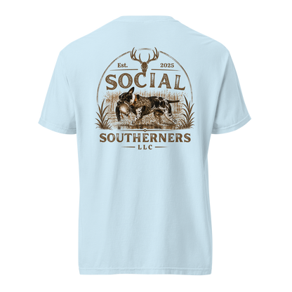 White t-shirt with a graphic design featuring text and a dog illustration on a white background