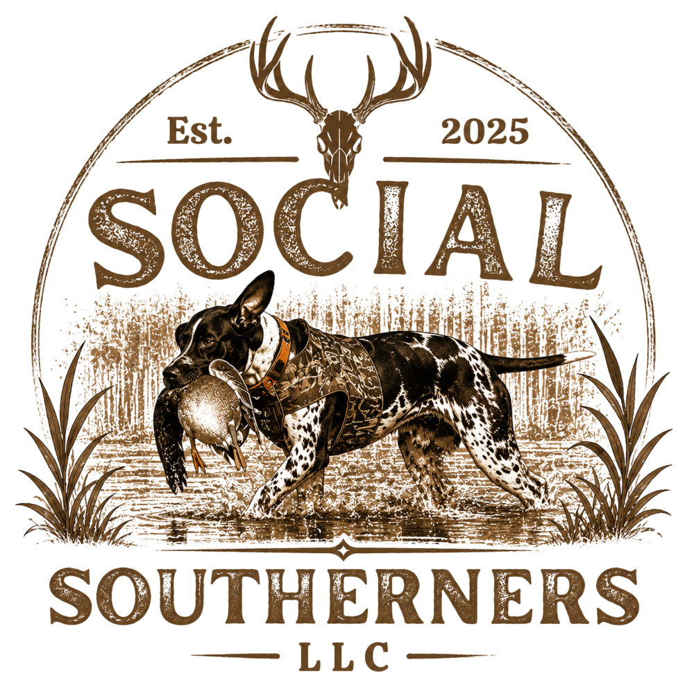 Logo of Social Southerners LLC featuring a dog with a deer and text 'Est. 2025'.